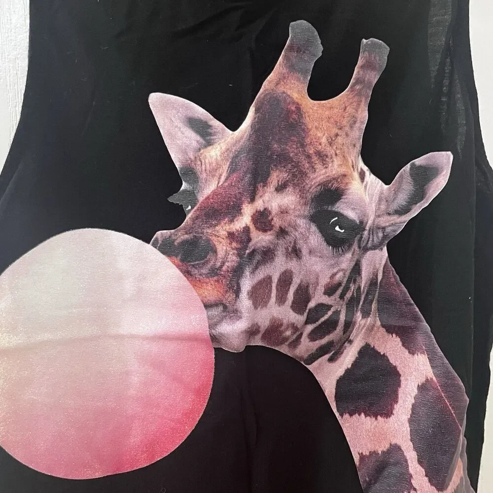 H&M Giraffe Blowing Bubble Gum Black Tank Top Girls Size 10-12 yrs